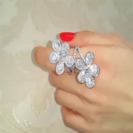 Vecalon Flower Promise Ring 925 Sterling Silver Diamond Big Engagementウェディングバンドリング