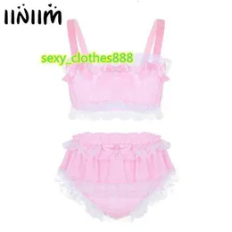 Mens Sissy Fun Lingerie Set Ruffled Lace Sheer Chiffon Sleeveless Crop Top with Skirted Panties Nightwear Male Sexy Underwear H1214