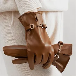 Desinger-Handschuhe für Damen, Leder, Samt, Stickerei, elegante Fünf-Finger-Handschuhe, halten den Winter warm, gepolstert und verdickt, Touchscreen, winddicht