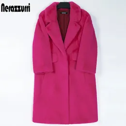 Frauen Pelz Faux Nerazzurri Winter Lange Rosa Mantel Frauen Revers Warme Dicke Schwarze Weiche, Flauschige Jacke Lose Stilvolle Koreanische mode 231031