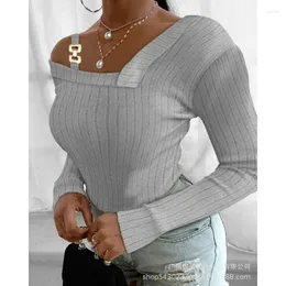 Women's Sweaters 2023 Fashion Clothing Square Buckle Shoulder Strap Off-the-Shoulder Sunken Stripe Top