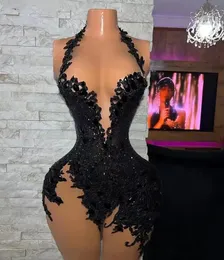 Cocktail Dress Black Plus Size Homecoming Prom Party Gown Zipper New Custom Above Knee Mini Sleeveless Straight Sexy Illusion Applique Sequins Tulle Halter