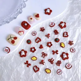 Nail Art Decorations 5Pcs/set Retro Chinese Style Manicure Ornaments Fashion Minority Frosted Red Charms Love Heart Bow Shaped Rhinestones