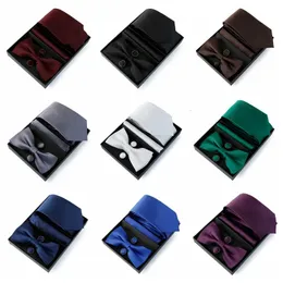 Bow ties tie set men necktie 7.5cm 단색 넥타이를위한 럭셔리 정장 보우 튜 포켓 스퀘어 커프 단추 Bow tie wedding 선물 Cravat 231031