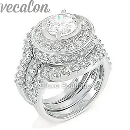 Vecalon Fashion RingシミュレーションダイヤモンドCZ 3-in-1エンゲージメントバンド女性のためのウェディングリング10ktホワイトゴールドフィリングフィンガーリング239Q