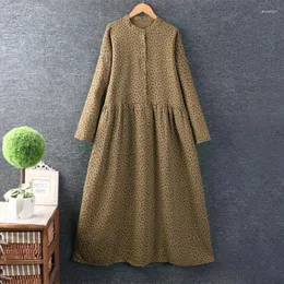 Casual Dresses Autumn And Winter Women Japanese Stand Collar Floral Cotton Linen Dress Long Sleeve Thick Loose