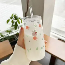 가와이 유리 컵 뚜껑 밀짚 귀여운 오렌지 커피 머그유 우유 음료 한국 물 주스 티 컵 음료 용기 선물 600ml