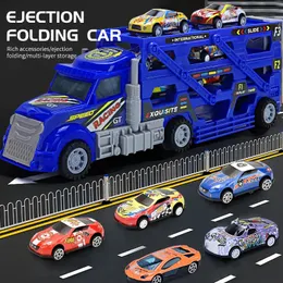 Diecast modelo duplo deck recipiente caminhão transporte ejeção dobrável armazenamento liga simulação carro menino brinquedo 231031