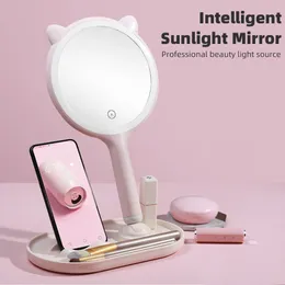 Espelho de maquiagem de beleza inteligente compacto, maquiagem led inteligente com caixa de armazenamento de cosméticos com suporte de telefone para meninas, viagem para casa 231030