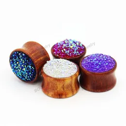 Kubooz Wood Red Sandalwood Solid Inlaid Crystal Tide Tunnels Ear Piercingプラグボディイヤリングジュエリーゲージエキスパンダーストレッチャー3267