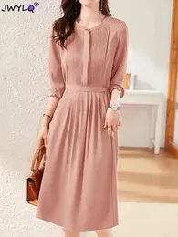 Casual Kleider Elegante Oansatz Langarm Falten Midi Einfache Grund Hohe Taille Verband Frauen Kleid Einfarbig Büro Kleidung Für