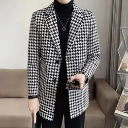 Men's Wool Blends Houndstooth Lapel Mid-Length Men Windbreaker Coat Winter Suit Collar Fashion Print Casual Overcoat Jacket Streetwear Social Coat 231030