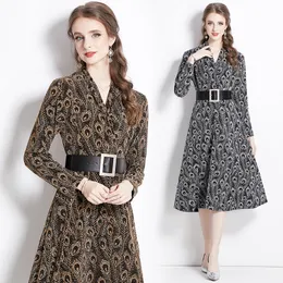 Vintage Elegant Grey Midi Velvet Dress With Belt Woman Designer V-Neck Slim Print Loose Big Swing Vacation Dresses 2023 Autumn Winter Runway Long Sleeve Party Frocks