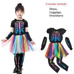 أزياء عيد الهالوين لـ Gril Rainbow Skeryton Scary Witch Vampire Cosplay Kids Fant Dress Leggings Overseleve Carnival Suit