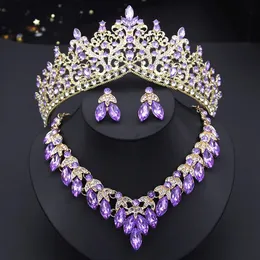 Hochzeitsschmuck-Sets, luxuriöses lila Kristallkronen-Brautschmuck-Set, Prinzessin, Königin, rosa Tiaras, Braut, Hochzeit, Ohrringe, Halsketten-Set, Mädchen-Dubai-Sets 231030