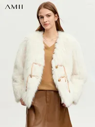 Pele feminina amii minimalista chinês 2023 inverno solto macio franjas fivela de couro imitação vison veludo com decote em v casaco 12324032