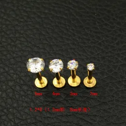 Gemma di cristallo CZ Orecchini a bottone in oro Labret Trago Orecchini in acciaio inossidabile 316L con zircone per labbra Chiodi in acciaio medico rotondi 2mm 3mm 4mm275N