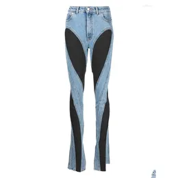 Kvinnor jeans mode kvinnor smal dekonstruera panelerade lapptäcke hög midja delad blå långa denim byxor höst droppe leverans klädkläder cl dhar7