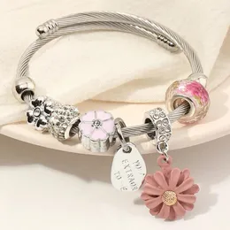 Bangle Pink Daisy Pendant Armband Män Justerbart rostfritt stål Bangles för kvinnor Pan Clover Flower Charms Pulseras pärlor DIY -smycken