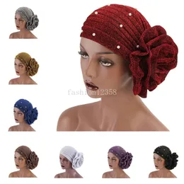 New Fashion Women Muslim Beads Glitter Turban Indian Chemo Cap Big Flower Headband Wedding Party Hair Lose Head Wrap Accessories