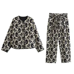 Pantalon de deux pièces pour femmes Unizera Automne Femmes Animal Print Casual Coton Manteau Veste Sac en papier Taille haute Pantalon droit Ensemble de mode 231031