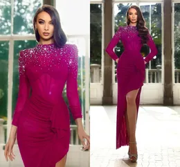 Gorgeous Fuschia Plus Size Mermaid Prom Dresses Jewel Neck High Beaded Crystals Long Sleeves Formal Wear Birthday Pageant Special Occasions Evening Party Gowns