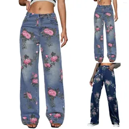 Damen-Jeans Nine Jean Damen, mittlere Taille, Knopfleiste, Blumendruck, modische Freizeithose, Größe 16, Hose ohne Knicken