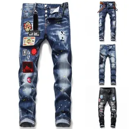 Jeans neri elasticizzati strappati strappati da uomo Pantaloni slim fit lavati da moto in denim con pannelli Pantaloni Hip HOP T1059218F