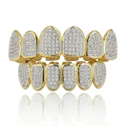 Ouro prata banhado hip hop vampiro dentes grillz superior e inferior gelado micro pave cz pedra bling corpo jóias 264k