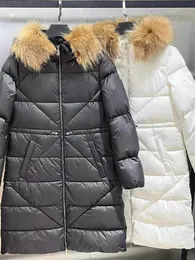 Damen-Daunenjacke mit Kapuze, Doudoune, Winter-Outdoor-Wärme, lange Jacken, Monclair-Damenmäntel, echter Waschbärenhaarkragen, warme, modische Parkas mit Gürtel-Oberbekleidung