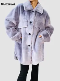 Frauen Pelz Faux Nerazzurri Winter Übergroßen Grau Haarige Dicke Warme Weiche Mantel Frauen Hohe Qualität Lose Beiläufige Flauschige Jacke Hemd 231031