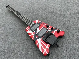W magazynie Eddie Edward van Halen 5150 Red White Black Strips bezgłowe gitarę elektryczną Rosewood Tffalboard China EMG Pickups Tremolo Bridge Black Hardware Dot InLay