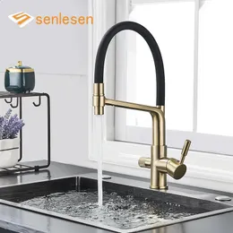 Küchenarmaturen, gebürsteter goldener Waschbecken-Wasserhahn, reiner Wasserfilter, Mischer, Kran, Dual-Griff, Pull-Down-Reinigung, Kaltwasserhahn 231030