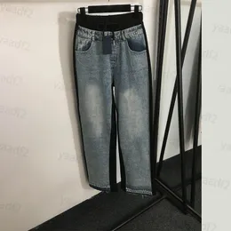 Kadın kotları mavi siyah renkli patchwork halat tasarımı yüksek bel streç düz bacak denim gündelik pantolon