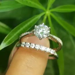 Anéis de casamento 2 Pcs Anéis de Casamento 1 Ct Rodada Brilhante Diamantes Mulheres Anel de Noivado Anel de Prata Esterlina Conjunto de Jóias de Noiva 231030