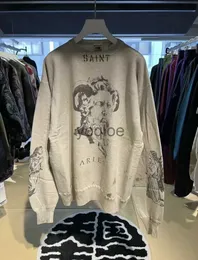 Herrtröjor tröjor 23fw ny Saint Michael rund nacke överdimensionerade män tröja aries tryck beige vintage pullover streetwear j231031