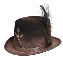 Fontes de festa feminino chapéu punk goth steampunk pena engrenagem corrente fedora 58cm clube cabeça wear