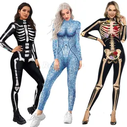 Adulto impressão macacão halloween cosplay para mulheres carnaval festa desempenho assustador esqueleto humano bodysuit c40x38