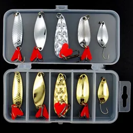Acessórios de pesca 10 pçs / conjunto ouro e tira metal jig colher spinner isca wobbler isca conjunto com caixa de equipamento kit para 231030