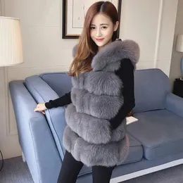 여자 모피 가짜 겨울 겨울 인공 코트 따뜻한 조끼 한국 솔리드 후드가있는 두꺼운 여자 패션 회색 흰색 검은 옷 231031