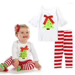 Conjuntos de roupas 2 peças conjunto primavera outono crianças roupas para bebês meninas traje de natal bonito algodão camiseta listra calças crianças bc2296