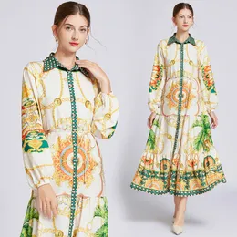 Woman Print Vacation Boho Maxi Dress Autumn Winter Designer Long Sleeve Lapel Lace Up Waist Ruched Button Shirt Dresses 2023 Beige Runway Slim Party Ruffle Frocks