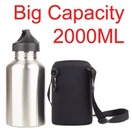 Vattenflaskor burar 2000 ml sportflaskuppsättning för camping vandring cykel cykling bred mun dryck kanna med neoprenisolerad täckväska 231030