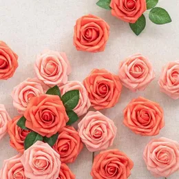 Decorative Flowers Mefier Home Artificial 25PCS Real Looking Mixed Living Coral Fake Roses With Stem For DIY Wedding Party Decoratios