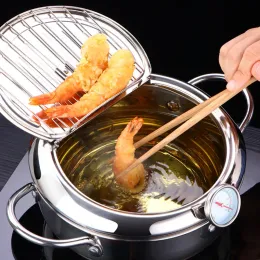 Panela japonesa para fritar e2, com termômetro e tampa, fritadeira tempura de cozinha, 20 24 cm, conjunto de panelas para churrasco