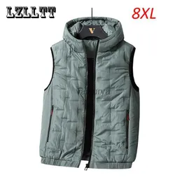 Coletes masculinos primavera outono homens à prova de vento sem mangas causal colete casacos masculino sólido acolchoado colete colete masculino com capuz tamanho grande 8xl yq231031