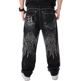 メンズジーンズストリートダンスワイドレッグバギーメンファッション刺繍ブラックルーズボードデニムパンツ男性ラップヒップホッププラスサイズ3046 231031