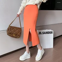 Scherma Skirt Skirt Skirt Candy Color Women Women Elastic Waist Split Pencil Corean Casualcorn Casualcorn Long Midi Autunno Elegante Jupe T203