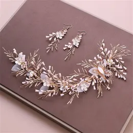 Bead Crystal Headpiece örhängen Opal Flower Fjäril Crown Tiaras smycken sätter brud bröllop hår tillbehör pannband guld276u