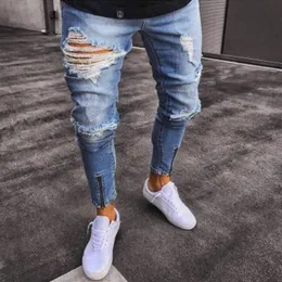 Męskie dżinsy Slim Fit Rippee Men Streetwear Zakotwórcze chłodne dżinsowe joggery kolanowe Otwory umyte zniszczone spodnie z zamkiem błyskawicznym256U